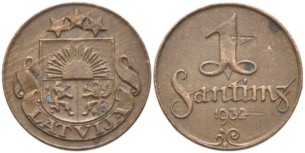 Латвия 1 сантим 1932 первая Республика (1918-1939) KM 1 бронза 112-538