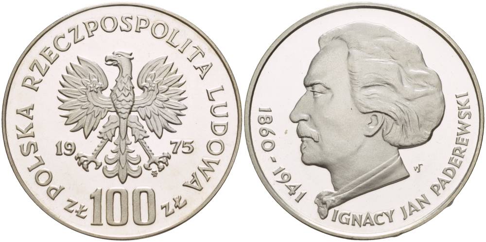Польша 100 злотых 1975 MW, Игнаций Ян Падеревский (1860-1941) KM 77, Parchimowicz 273 серебро PROOF 1087-7-53