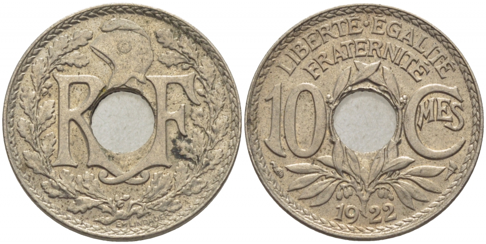 ФРАНЦИЯ 10 САНТИМОВ 1922 ТИП ЛИНДАЙЁ KM 866а медно-никель 4448-223