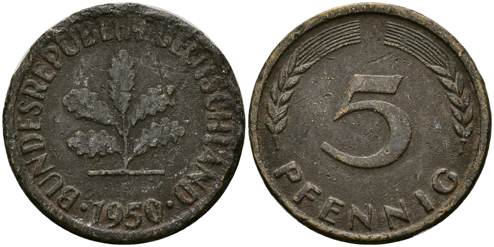 ФРГ 5 ПФЕННИГОВ 1950 J KM 107, J. 382 сталь плакированная латунью 4396-845