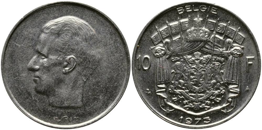 БЕЛЬГИЯ 10 ФРАНКОВ 1973 BELGIE, БОДУЭН I (1951-1993) KM 156.1 никель 3333-1043