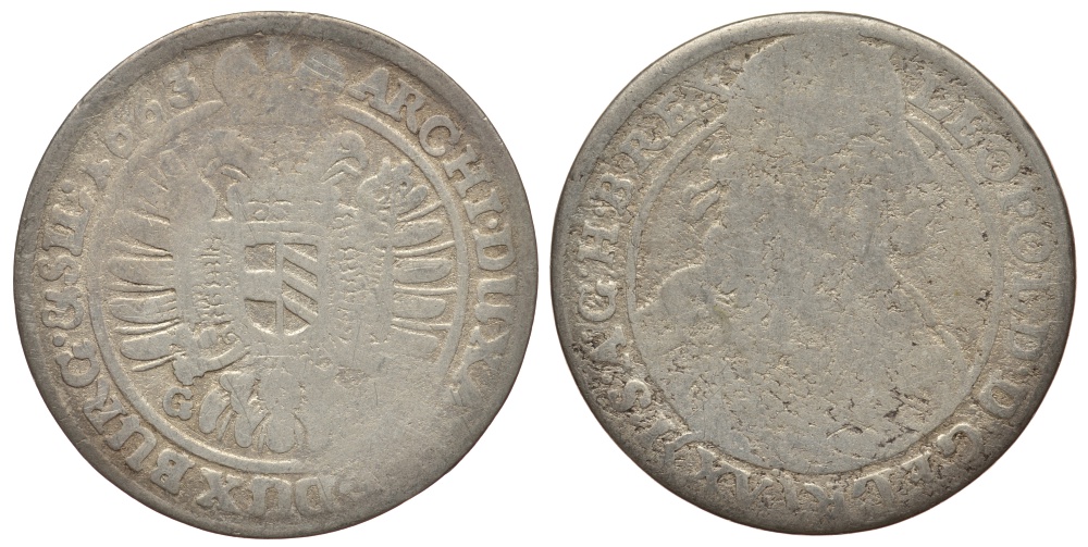 Австрия, Священная Римская империя 15 крейцеров 1663 GH, монетный двор Бреслау, Леопольд I (1657-1705) KM 1143 серебро 413-811