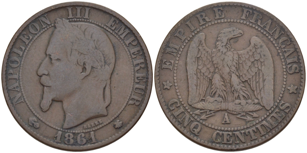 ФРАНЦИЯ 5 САНТИМОВ 1861 A, НАПОЛЕОН III (1852-1870) KM 797.1, LE FRANC 117.2 бронза 28-642