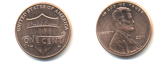 США 1 ЦЕНТ 2011 ЛИНКОЛЬН, ЩИТ KM 469 цинк плакированный медью 86-357