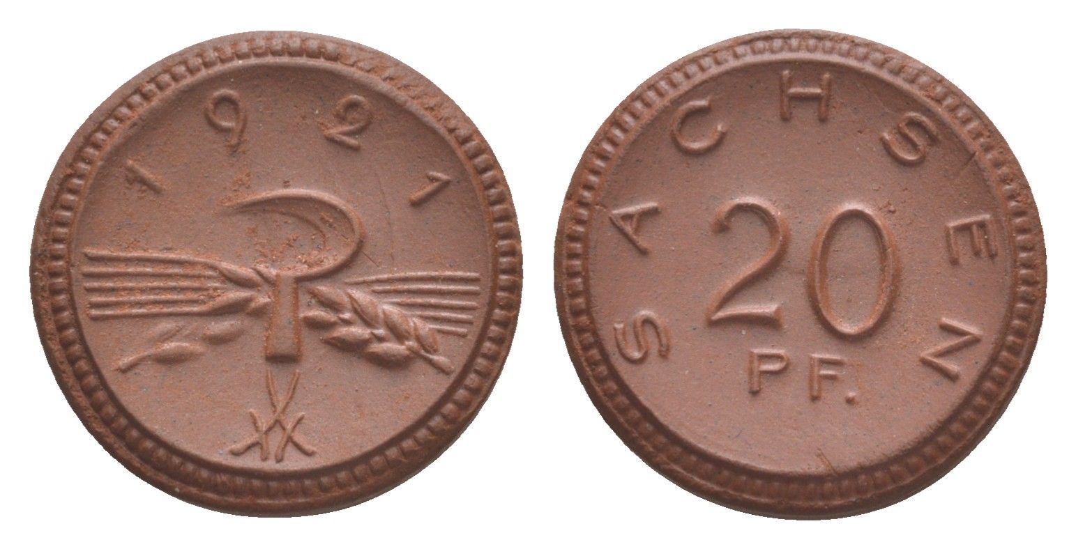 Саксония 20 пфеннигов 1921 Men05 22281.4, Men18 27868.4, Scheuch 31a фарфор 1094-10-52