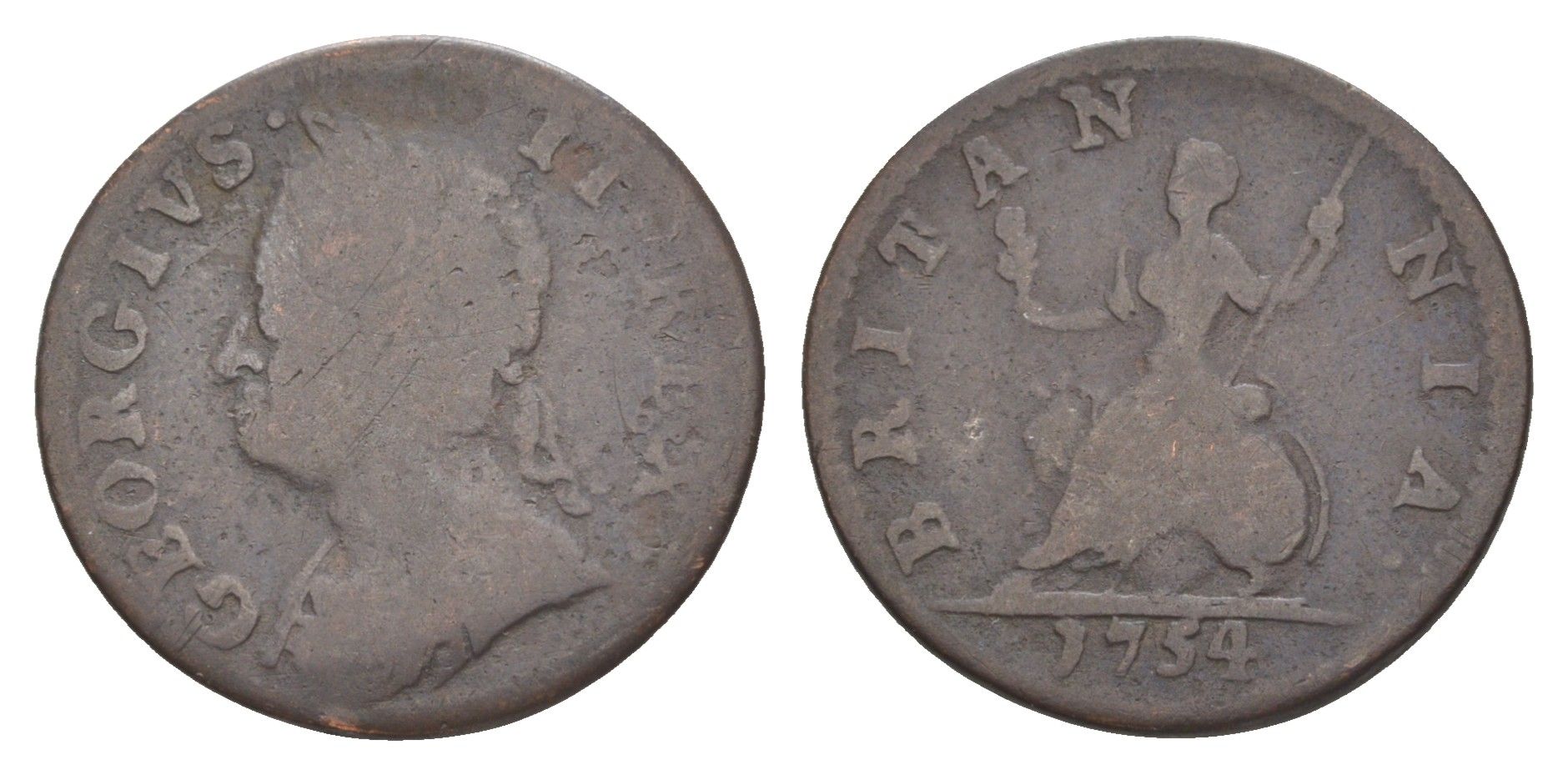 Великобритания 1 фартинг 1754 Георг II (1727-1760) KM 581.2, Spink 3722 медь 1522-643