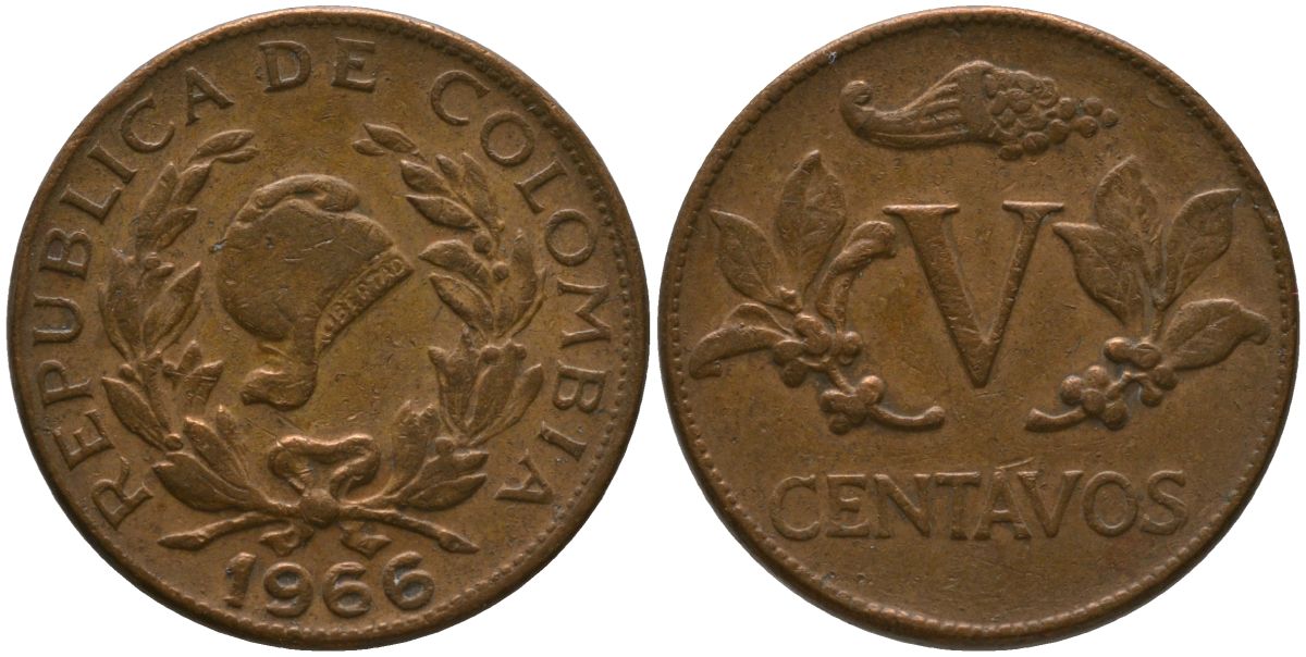 Колумбия 5 сентаво 1966 KM 206, Schon 27, Hernandez 382, Restrepo 370.29 медь 4576-1246