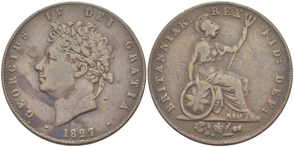 Великобритания 1/2 пенни 1827 Георг IV (1820-1830) KM 692, Spink 3824 медь 1518-1341