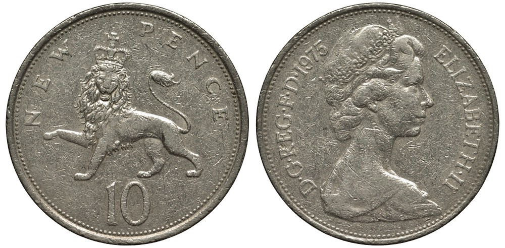 Великобритания 10 пенсов 1975 Елизавета II (1952-2022) KM 912, Spink 4231 (F1) медно-никель 3855-933