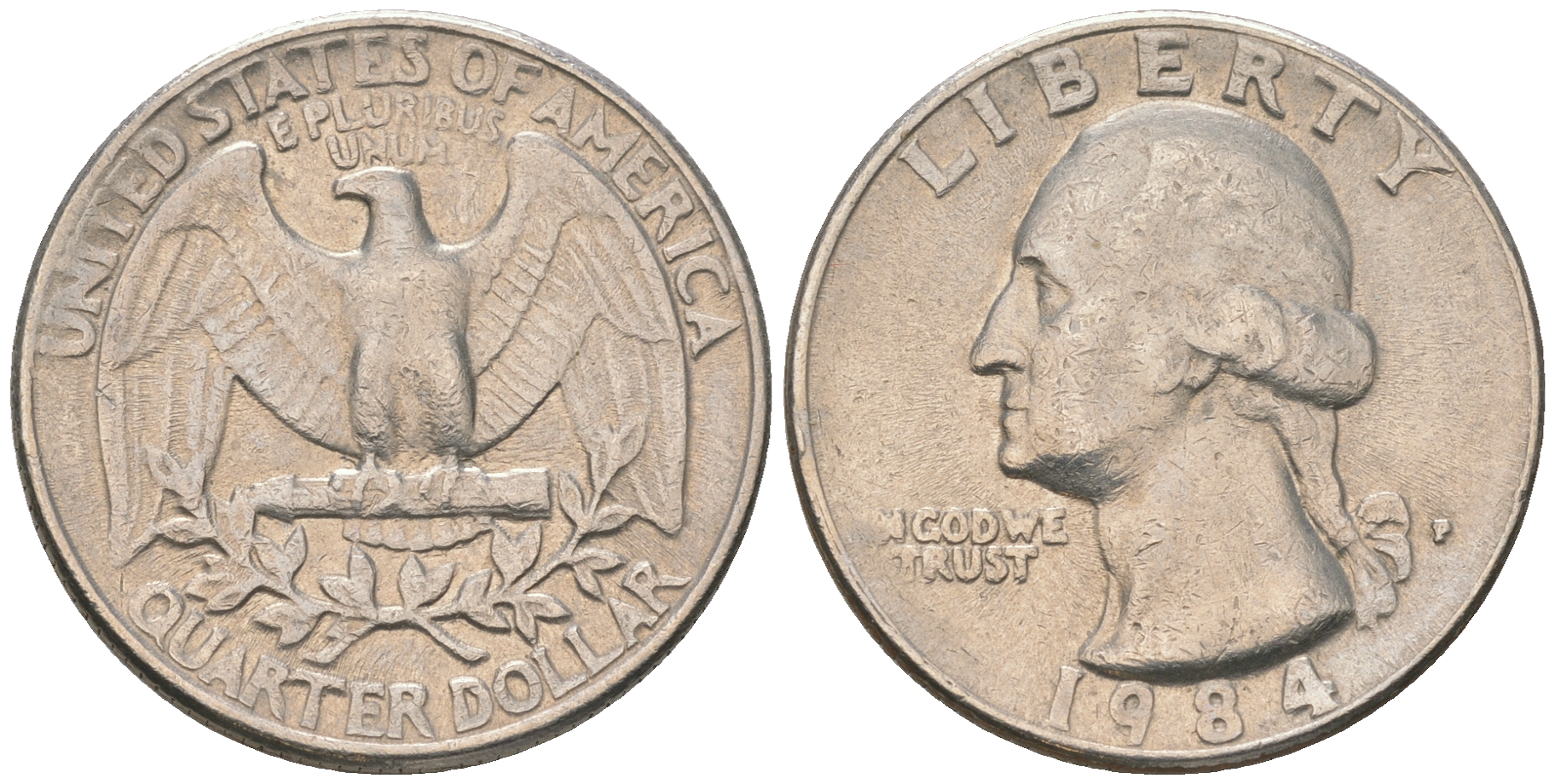 США 25 центов (квотер) 1984 P, Вашингтон KM A164a медь плакированная медно-никелем 4175-417