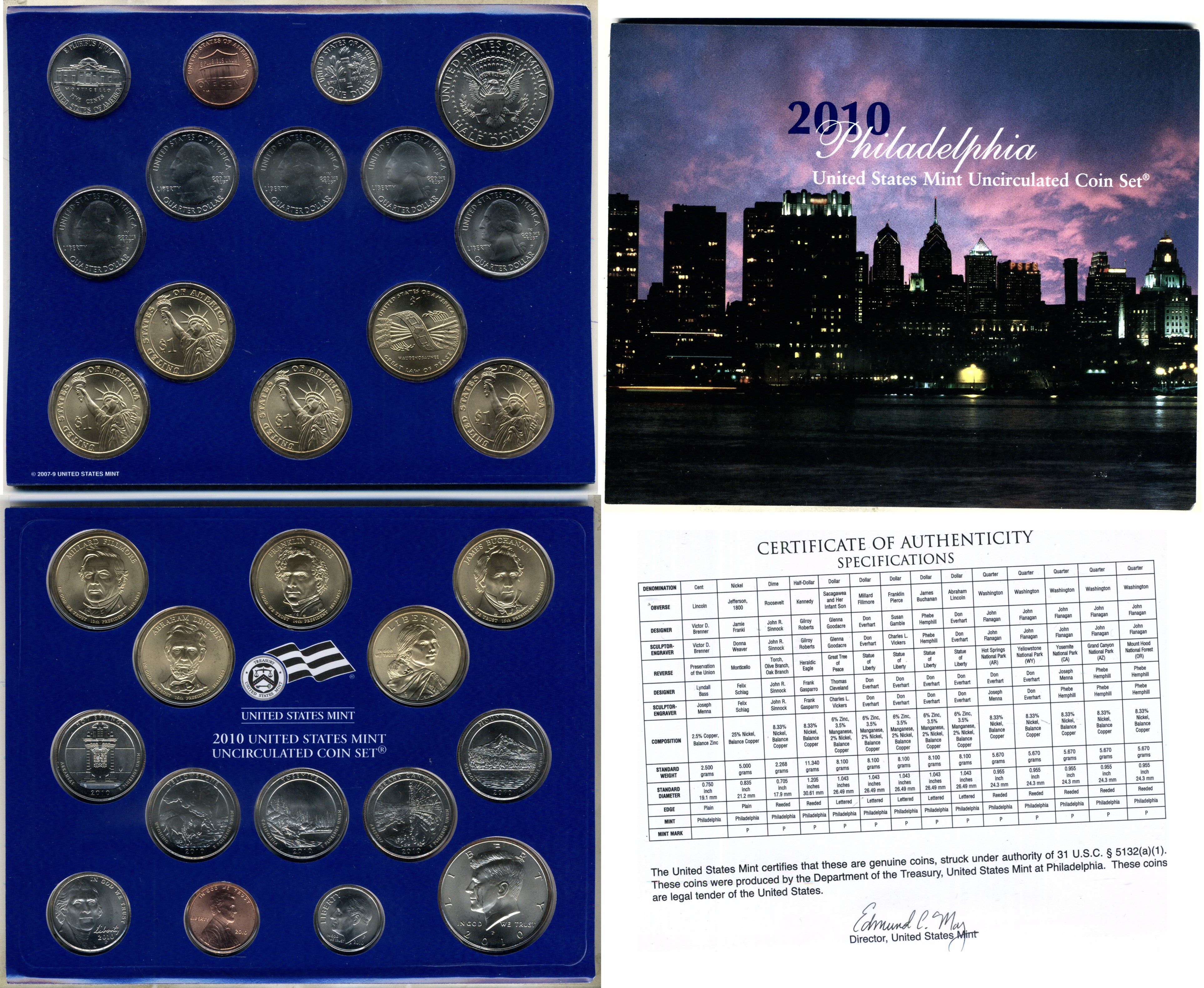 США полный годовой набор из 14 монет (1, 5, 10 (дайм) и 25 (квотер) центов; 1/2 (50 центов) и 1 доллар) 2010 P, в оригинальной упаковке с сертификатами KM 468, 381, 195a, A202b, 469, 470, 471, 472, 473, 474, 475, 476, 477 и 478 UNC 8-2-06-40