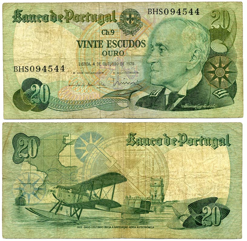 ПОРТУГАЛИЯ 20 ЭСКУДО 1978 4 ОКТЯБРЯ 1978, АДМИРАЛ ГЭГО КУТИНЬО, САМОЛЕТ, АЭРОПЛАН Pick 176b бумага 8611-53-3-2