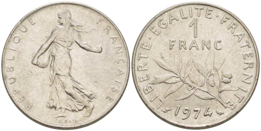 ФРАНЦИЯ 1 ФРАНК 1974 СЕЯТЕЛЬ KM 925.1, LE FRANC 226.19 никель 217-1125