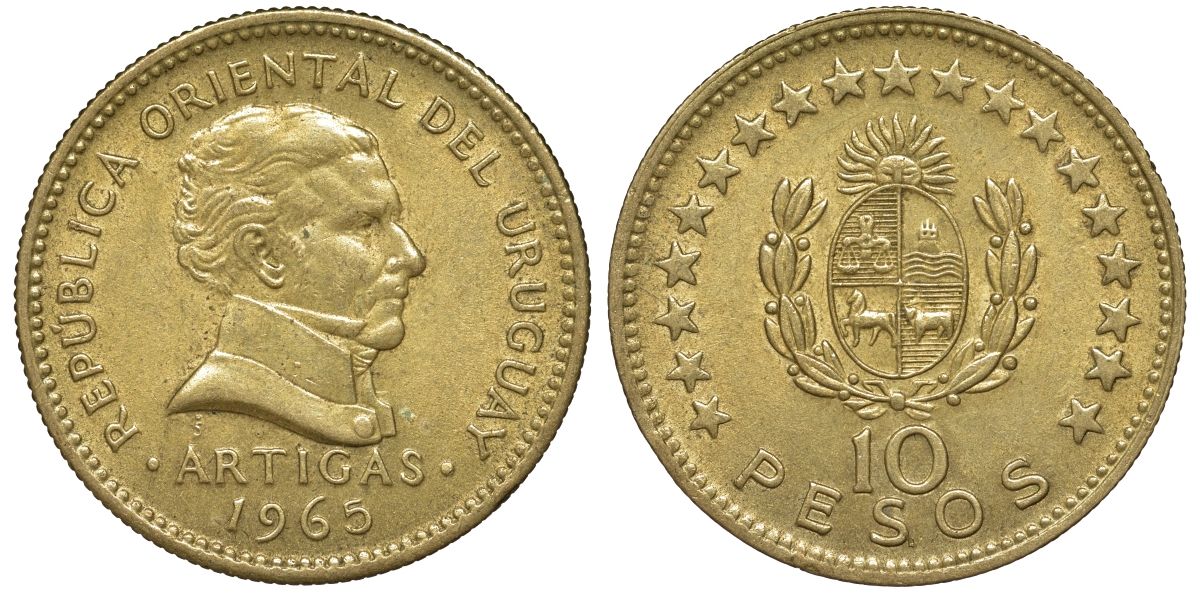 Уругвай 10 песо 1965 KM 48 алюминиевая бронза 4572-545
