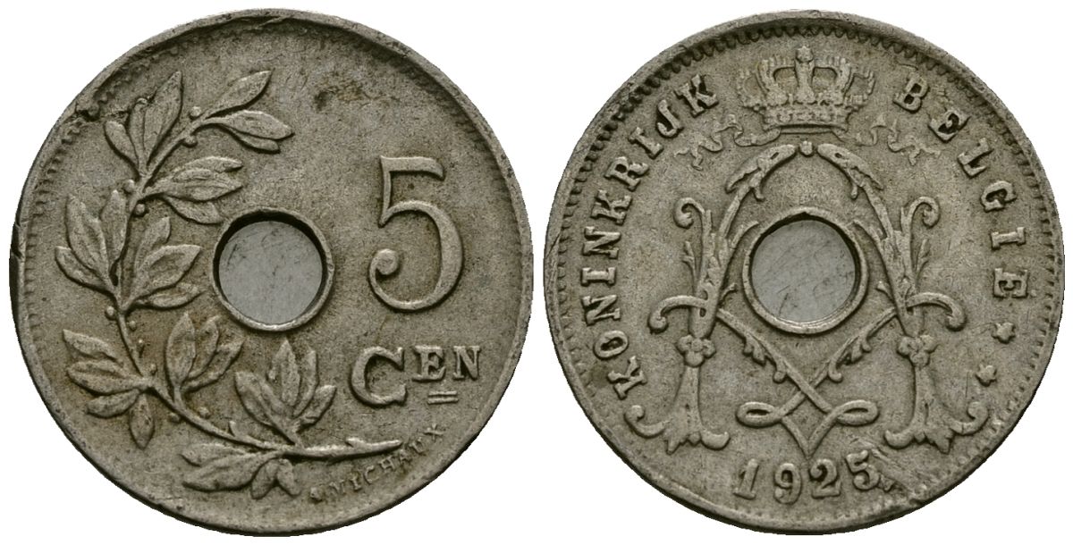Бельгия 5 сантимов 1925 Belgie KM 67 медно-никель 4173-269