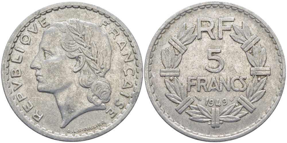 Франция 5 франков 1949 тип Лаврийе KM 888b.1, LE FRANC 339.17 алюминий 111-1126