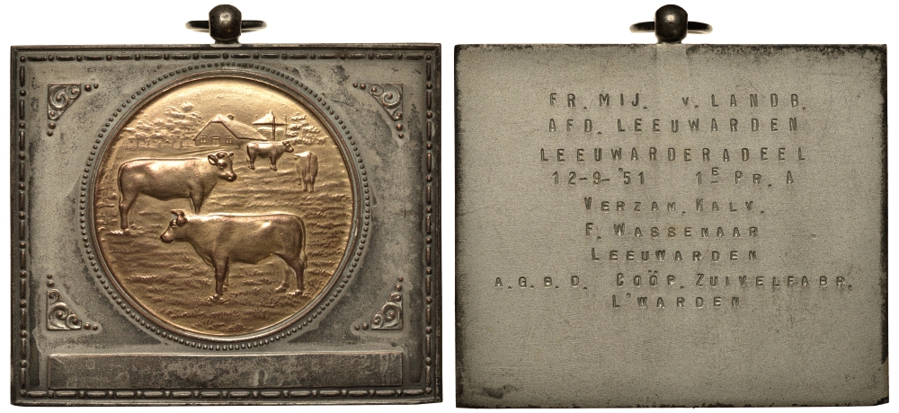 НИДЕРЛАНДЫ ПЛАКЕТКА 1951 1-ОЕ МЕСТО ЗА РАЗВЕДЕНИЕ КОРОВ, 65*55 мм, 68,0 гр бронза 1082-7-22
