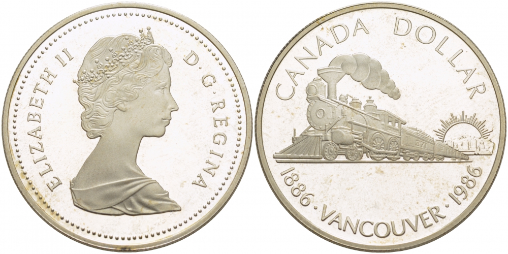 Канада 1 доллар 1986 100 лет Ванкуверу, паровоз KM 149 серебро PROOF 1068-4-44