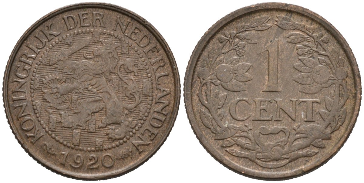 Нидерланды 1 цент 1920 Вильгельмина (1890-1948) KM 152 бронза 4576-729