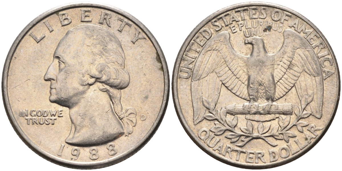 США 25 центов = квотер 1988 D, Вашингтон KM A164a медь плакированная медно-никелем 4584-1245