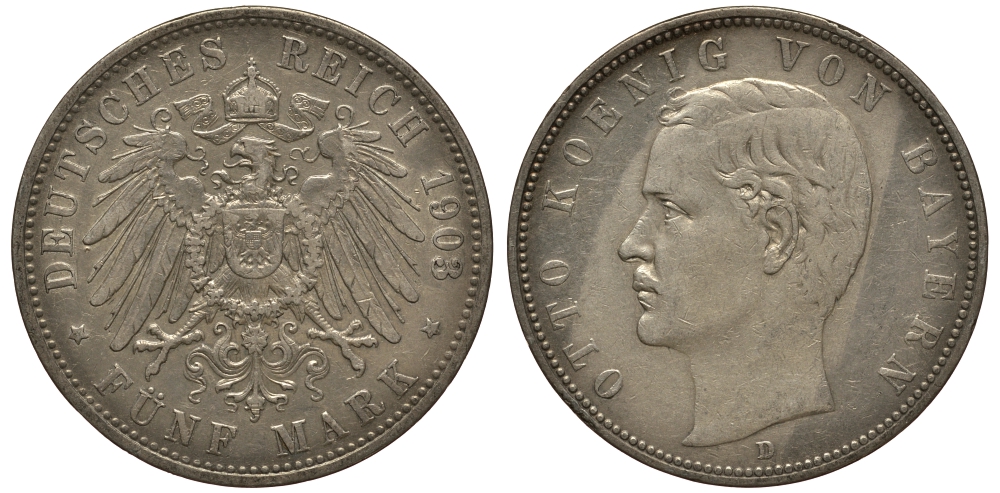 Бавария 5 марок 1903 Отто (1886-1913) Weege 47, J. 46, KM 512 серебро 3711-1512