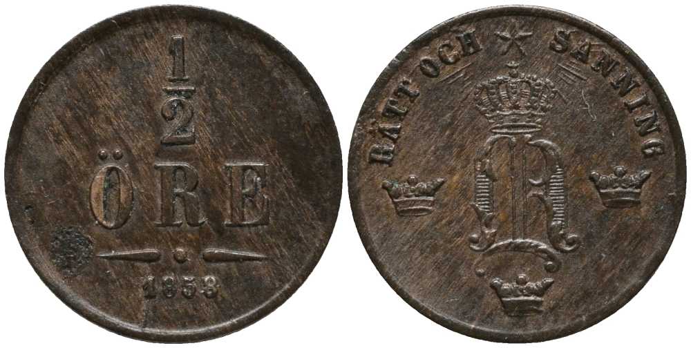 Швеция 1/2 эре 1858 Оскар I (1844-1859) KM 686 медь 201-1123