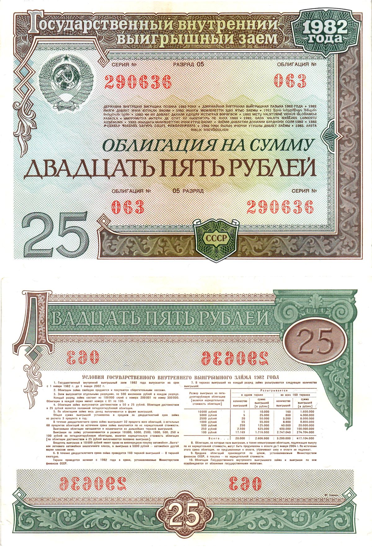 СССР облигация в 25 рублей 1982 государственный внутренний выигрышный заем, разряд 05   бумага   8609-42-1-2