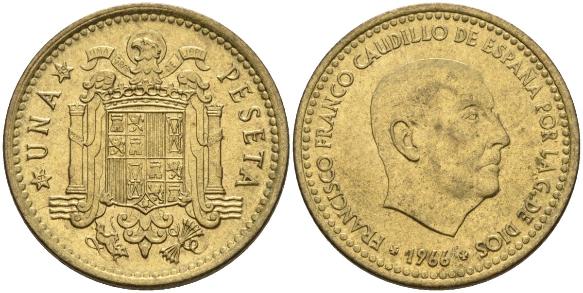 Испания 1 песета 1966 (69) Франсиско Франко (1939-1975) KM 796 алюминиевая бронза 4604-147