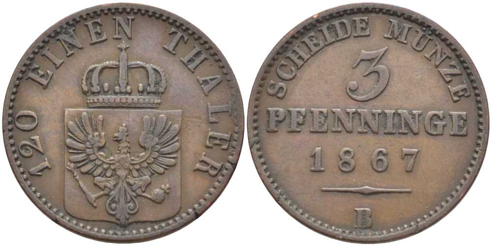 ПРУССИЯ 3 ПФЕННИГА 1867 В, ВИЛЬГЕЛЬМ I (1861-1888) KM 482 медь 117-916