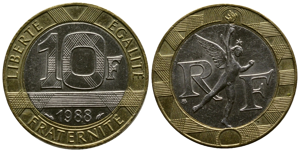 Франция 10 франков 1988 тип гений Бастилии KM 964.1, Le Franc 375.2 биметалл 3334-232