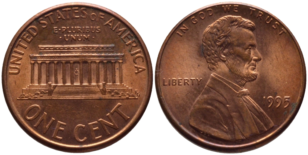 США 1 ЦЕНТ 1995 ЛИНКОЛЬН KM 201b цинк плакированный медью 66-1054