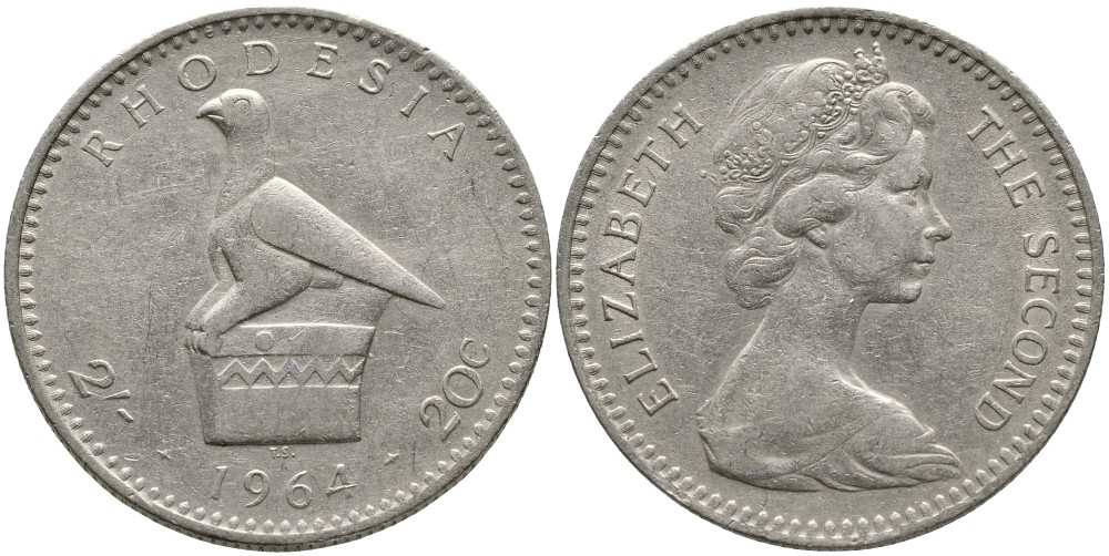 Британская Родезия 2 шиллинга (20 центов) 1964 Елизавета II (1953-), головной убор с птицей KM 3 медно-никель 00-00