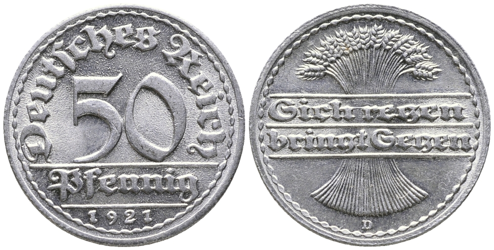 ГЕРМАНИЯ 50 ПФЕННИГОВ 1921 D KM 27, J. 301 алюминий 24-1024
