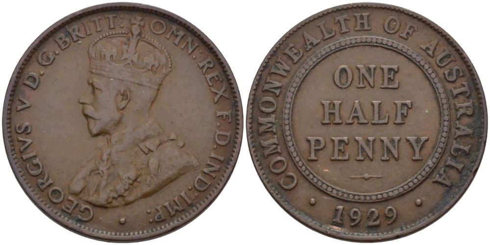 АВСТРАЛИЯ 1/2 ПЕННИ 1929 ГЕОРГ V KM 22 бронза 67-1222