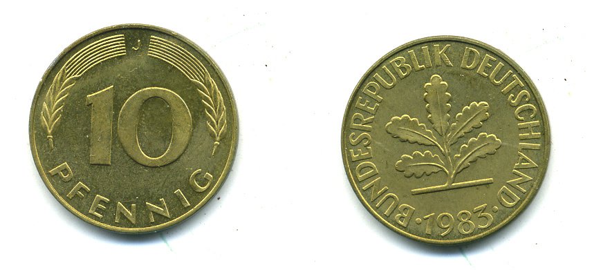 ФРГ 10 ПФЕННИГОВ 1983 J KM 108, J.383 сталь плакированная латунью 46-1333