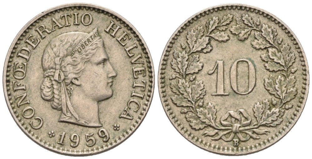 Швейцария 10 раппенов 1959 В KM 27 медно-никель 4576-949