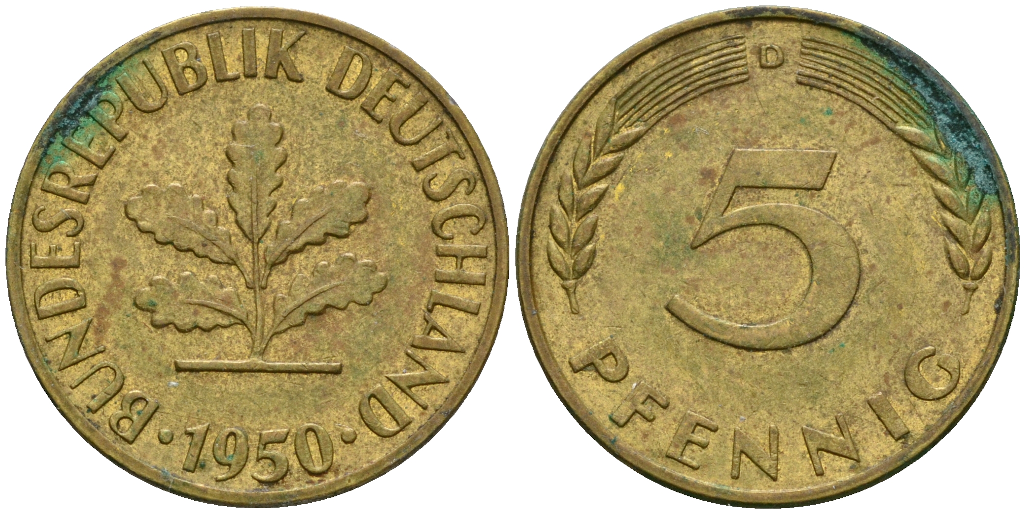 ФРГ 5 пфеннигов 1950 D KM 107, J.382 сталь плакированная латунью 4364-1611