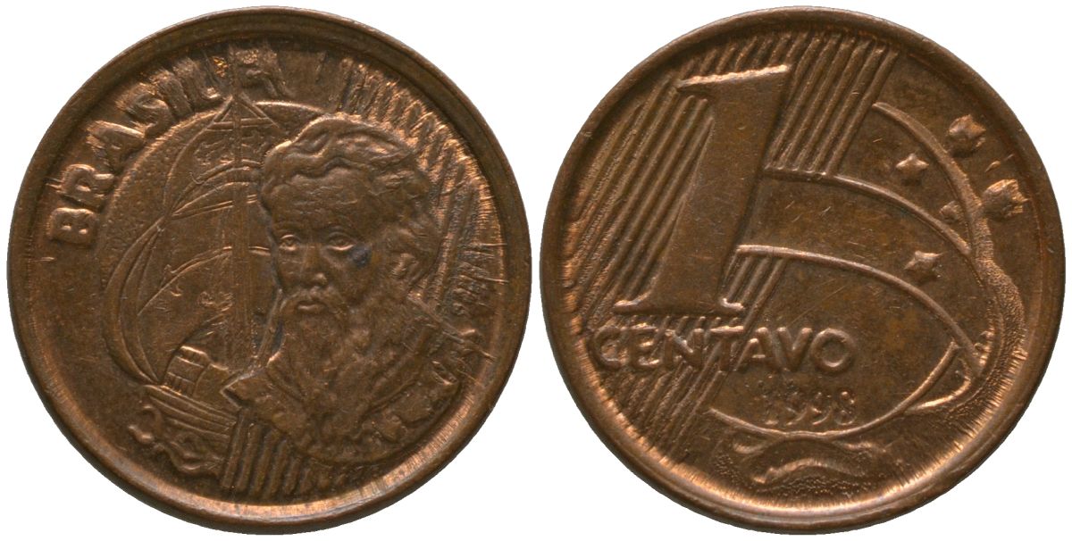 Бразилия 1 сентаво 1998 KM 647, Schon 155 сталь плакированная медью 4576-328