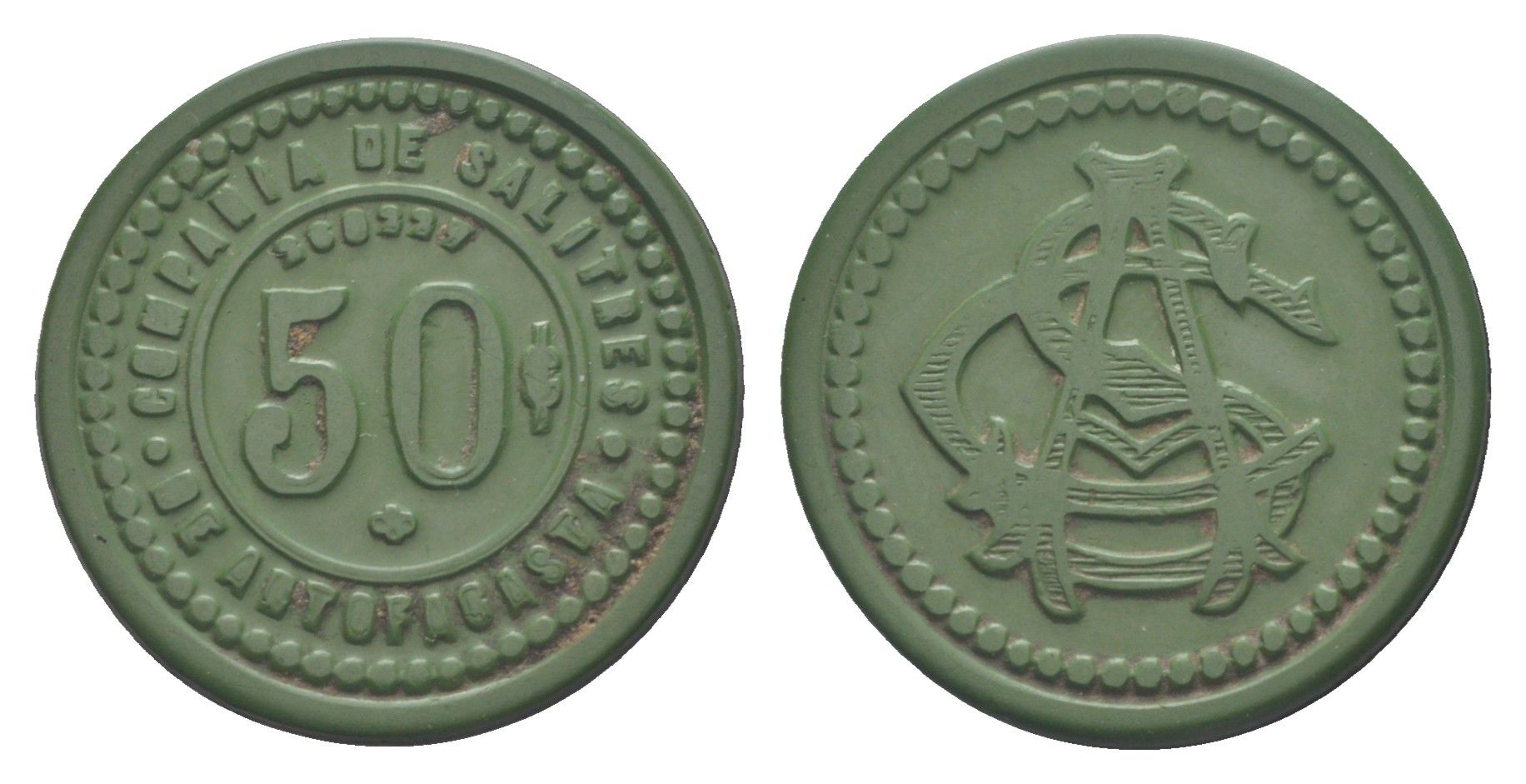 Чили, Антофагаста (Antofagasta) шахтерский жетон с Селитряного рудника для покупки в местных магазинах, номиналом в 50 сентаво около 1904 диаметр 31 мм, вес 2,48 гр Espinosa 22.5 эбонит (зеленый) 1094-10-24