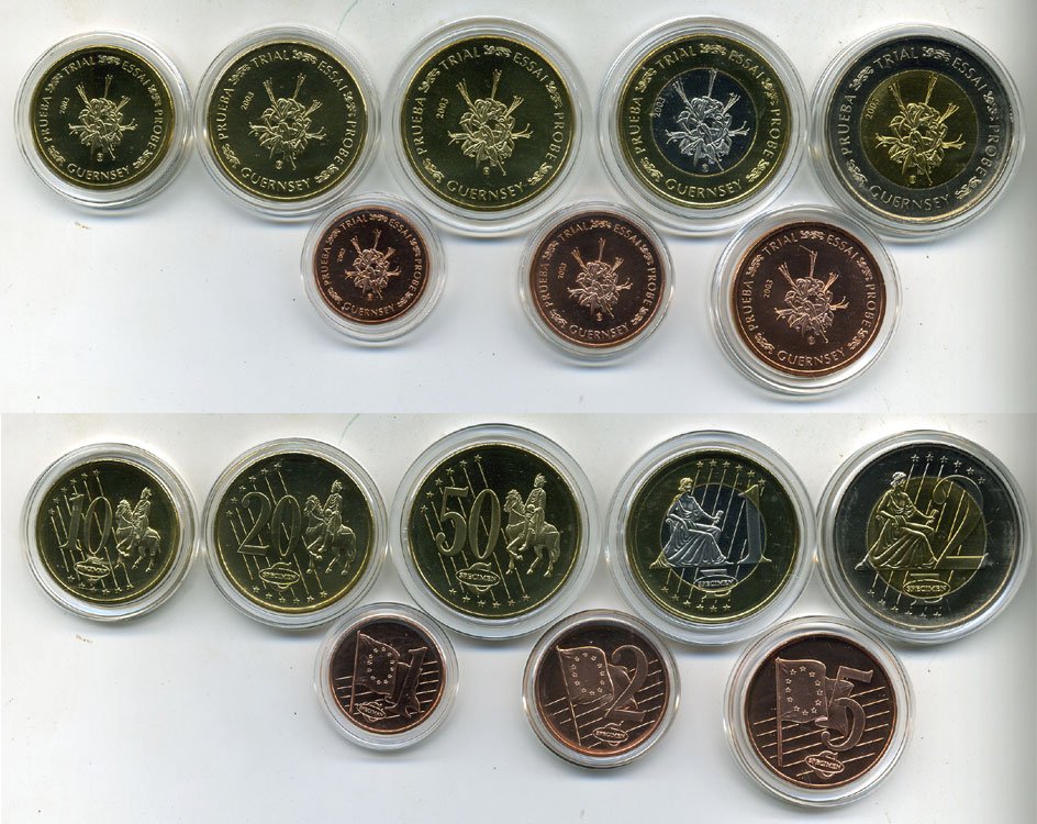 Гернси НАБОР ИЗ 8 МОНЕТ 2003 ЕВРОПРОБНИКИ (крупный формат) СЕРТИФИКАТ КАПСУЛЫ биметалл PROOF 06-081-3