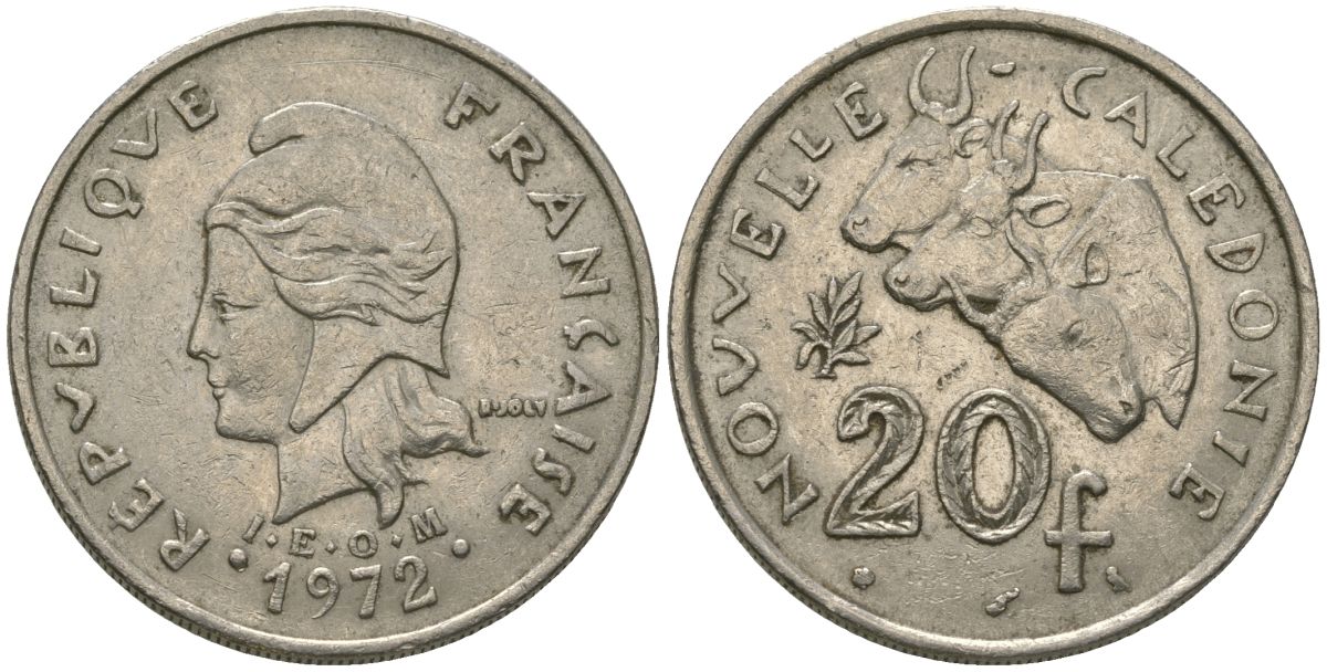 Французская Новая Каледония 20 франков 1972 три быка, (IEOM) KM 12, Schoen 14, Lec 106 никель 4680-414