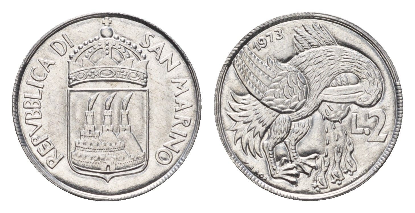 Сан-Марино 2 лиры 1973 KM 23 алюминий UNC 4387-826