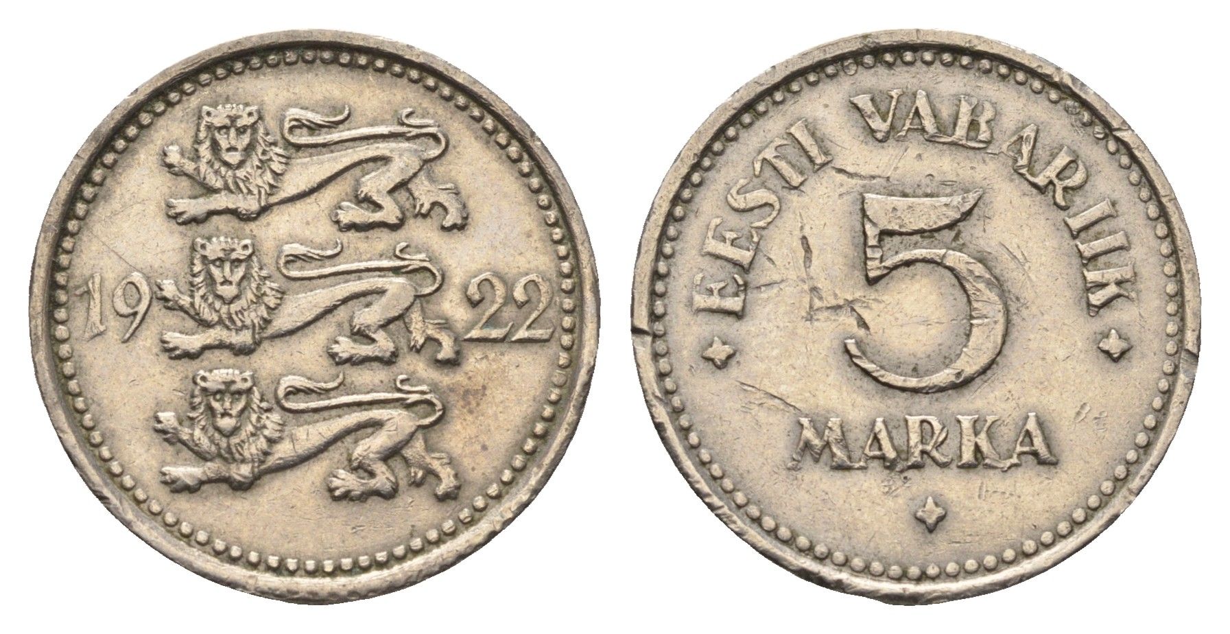 Эстония 5 марок 1922 год-тип KM 3 медно-никель 4364-1153