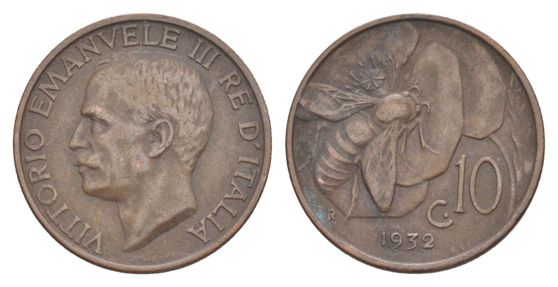 Италия 10 чентезимо 1932 R, пчела, Виктор Эммануил (1900-1946) KM 60 медь 4161-1023