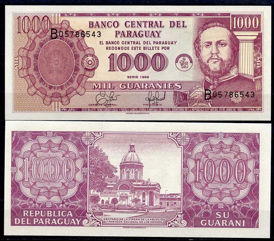 Парагвай 1000 гуарани 1998 Франсиско Солано Лопес, серия B Pick 214 a  бумага  UNC (пресс) 449-73-1