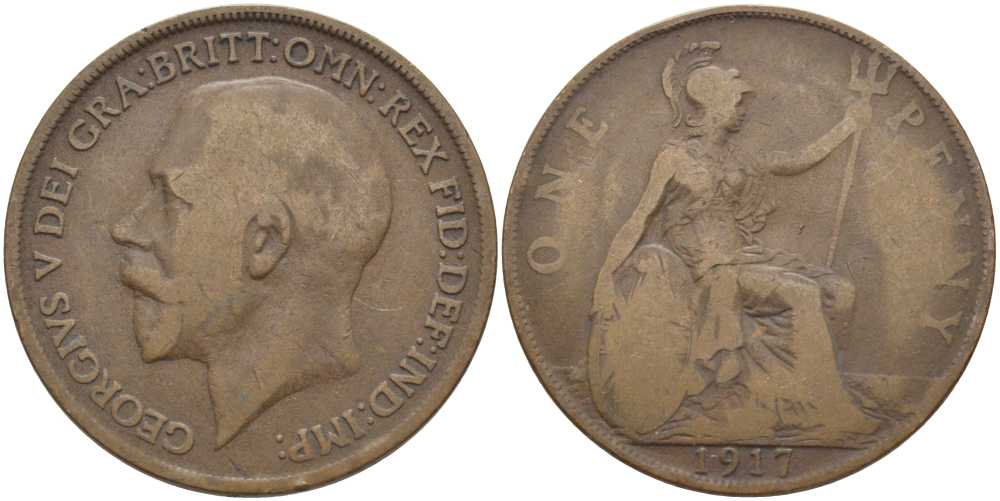 Великобритания 1 пенни 1917 Георг V (1910-1936) KM 810, Spink 4051 бронза 115-115