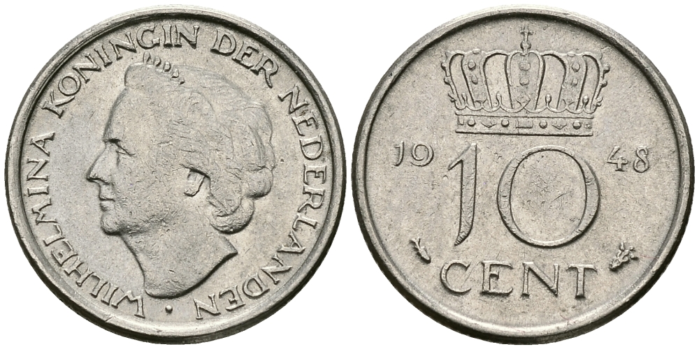 Нидерланды 10 центов 1948 Вильгельмина (1895-1948) KM 177 никель 96-522