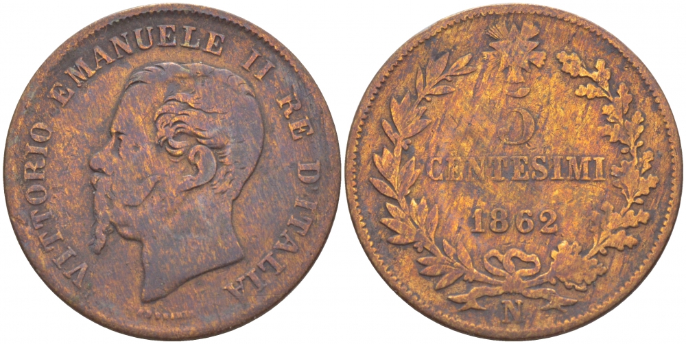 ИТАЛИЯ 5 ЧЕНТЕЗИМО 1862 N, ВИКТОР ЭММАНУИЛ II (1861-1878) KM 3.3 медь 4548-131