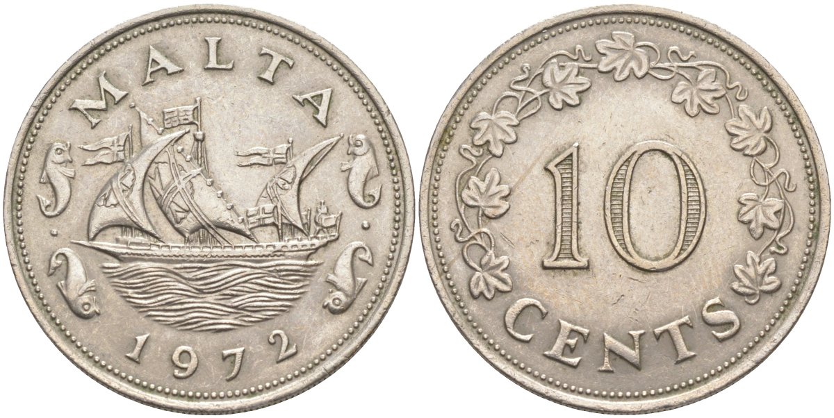 Мальта 10 центов 1972 баржа Великого магистра KM 11 медно-никель 3855-1113