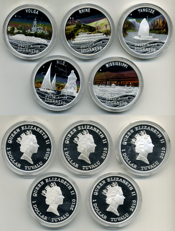Тувалу набор из 5 монет 2010 великие реки мира, в оригинальной коробке, с сертификатом, цветная эмаль KM NEW серебро PROOF 14-01-02-04
